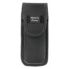 Black nylon medical pouch with snap closure, measuring 6 1/4 inches by 1 15/16 inches. Designed for belt attachment, it fits belts up to 2 1/4 inches wide. Suitable for carrying medical supplies or small first-aid items requiring hands-free access.