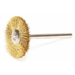 This WEILER brush is a nonsparking light-cleaning tool for soft materials. It features a crimped brass fill of 0.005" and measures 1" in diameter by 1/8" width with a 1/8" shank. Suitable for polishing, deburring, and cleaning applications where sparking must be avoided.