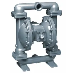 Air-operated double diaphragm pump with 316 stainless steel housing. Features 1 1/2 in NPT connections, PTFE seats, PTFE check valves, and PTFE diaphragm with Santoprene backing. Suitable for transferring corrosive or abrasive fluids in industrial applications such as chemical processing, wastewater treatment, and mining.