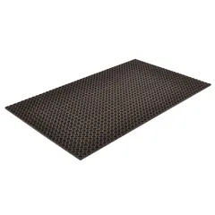 Standard drainage mat with raised-ring surface for slip resistance and drainage. Constructed from black natural rubber with a straight edge, 3/4 in thick. Suitable for industrial workstations, assembly lines, and areas requiring fluid drainage.