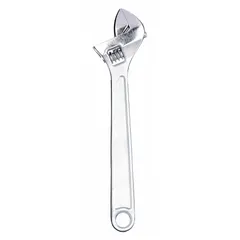 This adjustable wrench is constructed from alloy steel with a chrome finish. It has an overall length of 18 inches and a jaw capacity of 2 1/4 inches, with a plain grip handle. Suitable for tightening or loosening nuts, bolts, and fittings in general maintenance tasks.