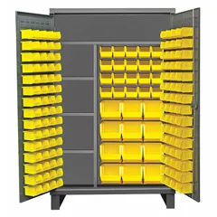 This assembled steel bin cabinet features a gray powder-coated finish with a flush 12 ga panel. It includes 4 shelves and 156 yellow bins, each 6 in x 11 in x 5 in, for organized storage of small parts, tools, and components in industrial workshops, warehouses, and maintenance facilities.