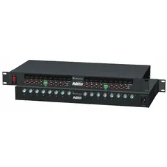 The ALTRONIX HUBWAY16D is a 16-channel passive UTP hub with integrated power, housed in a steel enclosure. It accepts 115/230V AC input and is used to distribute video and data signals over unshielded twisted-pair cabling in structured-cabling systems for security and industrial applications.
