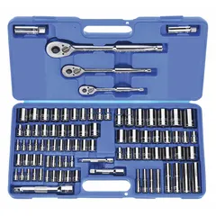This 89-piece socket set includes 1/4 in, 3/8 in, and 1/2 in drive tools with standard sockets ranging from 4 mm to 19 mm in both 12-point and 6-point configurations. The set covers SAE and Metric sizes for tightening and loosening fasteners in automotive repair, machinery maintenance, and general industrial assembly. Socket bits and wrenches are not included.