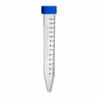 Polypropylene centrifuge tube with a 15 mL capacity, conical bottom, and attached screw cap. Graduated for volume measurement. Body and closure are natural in color. Suitable for general laboratory centrifugation applications requiring sample separation and sedimentation