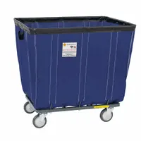 Assembled industrial basket truck with a permanent antimicrobial and mildew-resistant vinyl liner in Navy Blue. Capacity 10 cu ft, load rating 600 lb, dimensions 34 in L x 22 1/2 in W x 26 in H. Equipped with (4) swivel casters for maneuverability. Suitable for transporting bulk materials, parts, or waste in warehouses, manufacturing plants, and commercial facilities