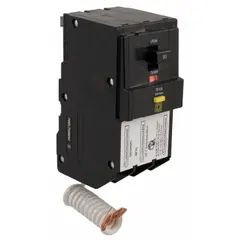 Plug-in miniature circuit breaker rated 50 A, three-phase, 120V AC with a maximum interrupting rating of 10kA at 120V AC. Provides overcurrent and ground-fault protection for QO Load Centers and NQ Panelboards in commercial and industrial electrical distribution systems.