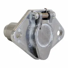 Steel 4-way trailer electrical connector with spring mechanism for establishing electrical connections between towing vehicles and trailers. Used in fleet and vehicle maintenance applications to power lighting and signal functions.