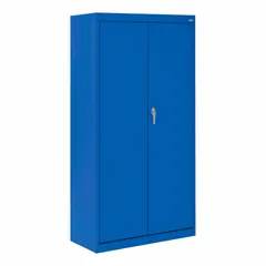 Stationary welded steel cabinet with blue powder-coated finish. Includes 3 fixed shelves, frame base, and cam lock. Panel thickness 24 ga. Assembled. Suitable for storage in industrial facilities, warehouses, and workshops.