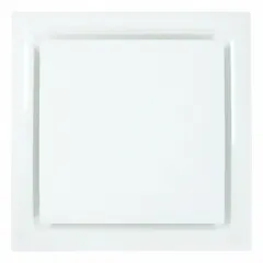 Square plaque diffuser for ceiling mounting, distributing conditioned air from HVAC ductwork into a room. White plastic construction with lay-in installation for standard ceiling grids. 23 3/4 in height and width, 10 in duct connection, non-insulated, no adjustable blades.