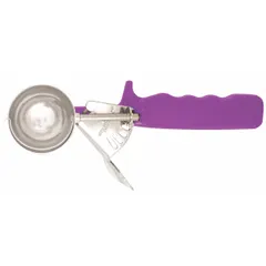 CRESTWARE #40 deluxe thumb disher with 0.9 oz capacity and 1 5/8 in bowl diameter. Constructed from 18-8 stainless steel and plastic. NSF Certified for sanitation compliance. Used in commercial kitchens for portioning soft foods such as ice cream, mashed potatoes, or cookie dough.