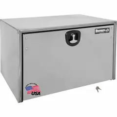 This single drop-down door box is designed for underbody mounting on service vehicles. It provides secure storage for tools and equipment with a keyed lock. The silver finish and 18-inch overall depth suit typical truck body installations.