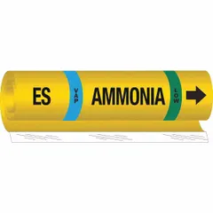 Ammonia wrap-around pipe marker for identifying low-pressure vapor lines in industrial refrigeration systems. Fits pipe O.D. from 1-1/2 to 2-3/8 in. Includes directional arrows and displays IIAR abbreviation ES. Supplied as 1 marker per unit.