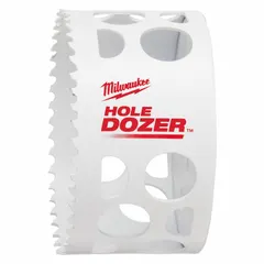 This bi-metal hole saw cuts through wood, metal, and plastic. It has a 3-1/4 in diameter, 3.5 teeth per inch, and a maximum cutting depth of 1-5/8 in. Designed for use with a separate arbor, it is suitable for general construction, electrical, and plumbing applications.
