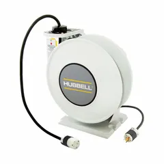Self-retracting cord reel with ratchet lock mechanism for adjustable cord length. Features 25 ft of 12 AWG SJO cord, a 5-20P feeder plug, and a 5-20R retractable outlet. Suitable for managing power delivery in workshops, warehouses, and maintenance areas.