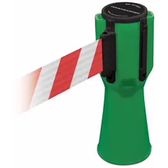 Blank white plastic barrier tape belt with 9 in height and 11 7/8 ft maximum length, housed in a green plastic housing for 3/4 ft overall height. Designed for use with traffic cones to create a visual barrier for area demarcation in industrial sites, warehouses, or construction zones.