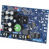 Supervised power supply board converting 24/28V AC input to regulated 12/24VDC output at 10A. Constructed with phenolic/fiberglass material for use in industrial control panels, security systems, and access control applications requiring continuous DC power delivery
