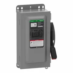 This SCHNEIDER fusible safety switch is rated 60 A, single phase, 240V AC, with a galvanized steel enclosure for indoor use. It provides a visible disconnect for isolating and protecting electrical circuits, enabling safe maintenance and overcurrent protection in single-phase systems.