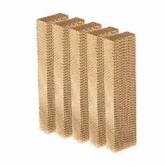 Cellulose evaporative cooling media pads for agricultural and horticultural cooling systems. Each pad measures 48 in height, 12 in width, and 6 in thickness. Sold as a 5-pack. Used in greenhouses, livestock barns, and poultry houses to lower air temperature through water evaporation.
