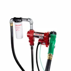 This 12 V DC bung-mount fuel transfer pump is powered by a 1/4 hp motor and delivers a maximum flow rate of 20 gpm. It includes a hose and nozzle for direct dispensing. The pump is designed for transferring diesel, gasoline, and other non-flammable liquids from drums or tanks in applications such as fleet maintenance, agriculture, and construction.