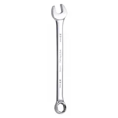 This combination wrench features a 12-point box end and an open end, both sized for 23 mm fasteners. The offset design provides clearance when working on recessed or angled bolts. Chrome finish resists corrosion. Overall length is 12 3/4 in.