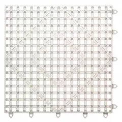 Clear plastic bar mat with interlocking edges, cut to fit for custom sizing. Measures 12 inches overall length and width. Designed for use in commercial bar and foodservice environments to catch spills and reduce glass breakage.