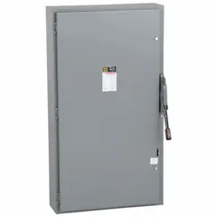 This SQUARE D fusible safety switch is rated for 600 A, three-phase, 240V AC. It features a galvanized steel enclosure designed for indoor use. The switch provides electrical disconnection and circuit protection for industrial power distribution systems.