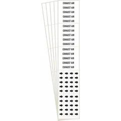 White adhesive pipe marker with black 'Exhaust Air' legend and directional arrows. Designed for pipes with outer diameter of 3/4 inch and smaller. Each pack contains 5 markers (3 pipe markers per pack). Used to identify exhaust air lines in industrial piping systems, aiding in quick recognition of pipe contents and flow direction.