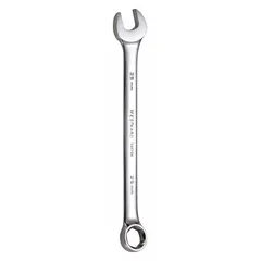 This metric combination wrench features a 12-point box end and an open end, with a 25 mm head size and 14 in overall length. The offset design provides clearance for knuckles. Constructed from alloy steel with a chrome finish, it is suited for tightening and loosening metric fasteners in mechanical assembly and maintenance tasks.