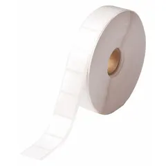 White autoclavable polyester precut label roll, 29/32 in x 29/32 in. Designed for use with BBP11 printer series and R6413 ribbon. Suitable for labeling applications requiring heat and sterilization resistance.