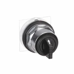 This 30 mm panel-mount selector-switch operator features a metallic bezel and a C cam. It offers three positions with a momentary/maintained/momentary action sequence. Suitable for industrial control panel applications requiring a compact operator for machine control or process sequencing.