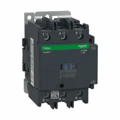 This 3-pole non-reversing IEC contactor is rated for 95 A with a 110V AC coil and three normally open (NO) contacts. It is used for switching motors, lighting, and heating loads in industrial control panels. No integrated surge suppression.