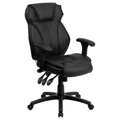 This adjustable-arm office chair features black faux leather upholstery with a 26-inch back height and 21-inch seat width. Designed for daily seated work in offices, home offices, and commercial workspaces, it provides support for extended periods.