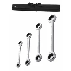 This set includes four SAE double-end ratcheting box end wrenches with a 12-point design, covering head sizes from 5/16 in to 3/4 in. The wrenches feature a chrome finish and are suitable for tightening or loosening fasteners in confined spaces where swing arc is limited. A canvas pouch is included for storage.
