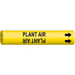 Snap-on pipe marker for identifying plant air lines. Yellow background with black legend and directional arrows. Fits pipe outer diameters from 3/4 to 1-3/8 inches. Used in industrial facilities to label compressed air piping systems.