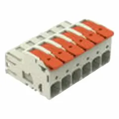 The WAGO 832-1206 is a 6-port male pluggable lever connector from the 832 Series. It accepts 18 AWG to 4 AWG solid wire and is rated for 66 A and 600 V. Designed for tool-free wiring, it is used in industrial wiring, panel building, and power distribution applications.