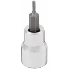 This hex bit socket features a 3/8 in drive and a 3/32 in hex tip with a fixed insert design. It has an overall length of 1 3/4 in. Used for driving hex-head fasteners in assembly, maintenance, and repair tasks.