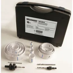 This 16-piece hole saw kit features bi-metal construction with 4/6 teeth per inch for cutting through wood, metal, and plastic. The maximum cutting depth is 1-1/2 inches. Suitable for general construction, electrical, plumbing, and HVAC applications requiring clean holes in multi-material surfaces.
