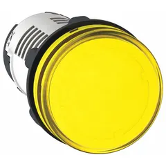 Yellow LED pilot light with 22 mm panel mounting hole diameter, part of the XB7 series. Used for visual status indication in industrial control panels, machinery, and automation systems, providing clear signaling for alarms, warnings, or operational states.