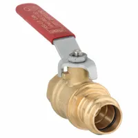 Manual two-way ball valve for on/off flow control in piping systems. Constructed of brass/bronze with a straight pattern, lever handle, and Press x FNPT connections. Suitable for commercial and industrial applications requiring reliable shut-off