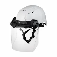This face shield assembly is designed for use with BOLT™ series hard hats. It features a clear polycarbonate visor that provides impact and splash protection in industrial environments such as construction, manufacturing, and maintenance. The dielectric construction ensures safety around electrical hazards, and the assembly is reusable.