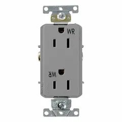 General-purpose duplex receptacle rated 125V AC, 15A, NEMA 5-15 configuration, 2-pole/3-wire grounding. Gray Decora Plus style for flush mounting. Suitable for standard electrical outlets in residential, commercial, and industrial settings.