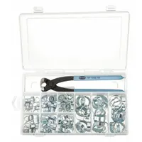 This assortment includes double-ear tube and hose clamps made from zinc-plated steel, supplied in a plastic case. The clamps are used for securing tube and hose connections in fluid systems, suitable for applications in machining, pneumatics, and hydraulics