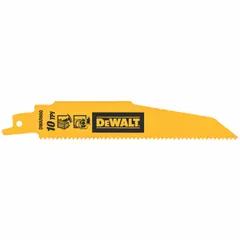 This 5-pack of reciprocating saw blades is designed for cutting wood with embedded nails, commonly encountered in demolition and renovation. Each blade measures 8-1/8 inches in length and 0.06 inches in thickness, with 10 teeth per inch. The rigid blade geometry enables straight cuts, while the tapered profile aids in plunge cutting.