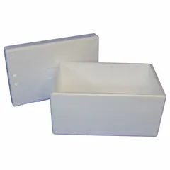 This insulated shipping container consists of a white styrofoam insert with 0.75 in wall thickness inside a corrugated cardboard outer box. It is used for temperature-sensitive shipments requiring a stable thermal barrier during transit.