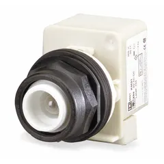 Momentary illuminated push-button operator with extended-length actuation for 30 mm panel mounting. Non-metallic push button material. Suitable for industrial control panels requiring corrosion resistance.
