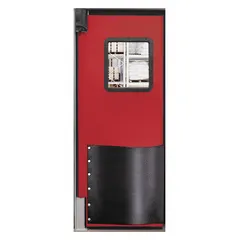 This insulated swinging door features a red textured polyethylene construction with a single door leaf measuring 7 ft high by 2 1/2 ft wide. It includes a polycarbonate window, door seals, bumpers, and mounting hardware. NSF certified, it is suited for cold storage, food processing, and industrial environments requiring temperature control and sanitation.