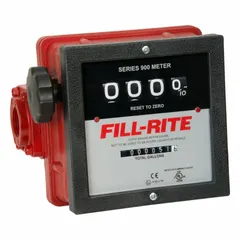 Mechanical nutating disc totalizer for fuel transfer applications. Features a 4-digit mechanical display, +/-2% accuracy, and standard frequency pulse output. Constructed with aluminum body, 1-inch FNPT connections, and Buna-N seals and O-rings. Measures in gallons.
