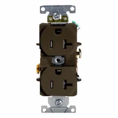General-purpose duplex receptacle rated 125V AC, 20A with 5-20R configuration. Brown, 2-pole/3-wire grounding. Tamper-resistant design prevents insertion of foreign objects. Suitable for residential, commercial, and institutional power outlets.