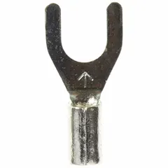 Non-insulated fork terminal for #10 stud size, accepting 16 AWG to 14 AWG wire. Standard fork configuration rated for 600 V. Used in electrical connections requiring secure, removable terminations on studs.